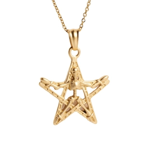 Punk style 18K gold pentagram and skeleton pendant necklace for women on white background