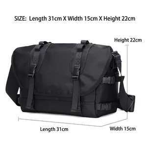 Large black nylon crossbody messenger bag with buckle closure 31x15x22cm dimensions