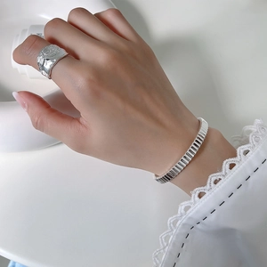 Minimalist S925 sterling silver wide irregular lava texture ring and segmented bracelet set