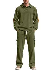 Detail view of olive green corduroy texture and cargo pockets on men casual tracksuit