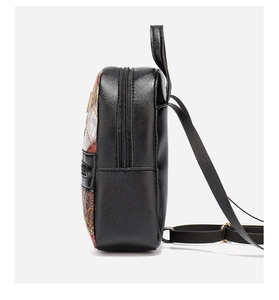 Detailed side view of PU leather backpack showing color-block patterns and metal strap buckle