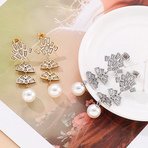 Fashion stainless steel earrings with fan-shaped zircon stones and pearl drops in two colors
