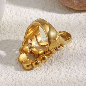 18K gold plated multi-layer wavy stainless steel ring with zircons for women