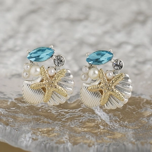 Orecchini a perno con stella marina e conchiglia, strass blu e perle stile oceanico