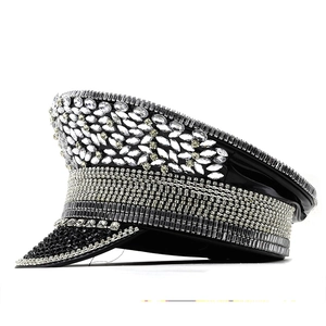 Luxury black captain hat with sparkling rhinestones and sequins for wedding performance