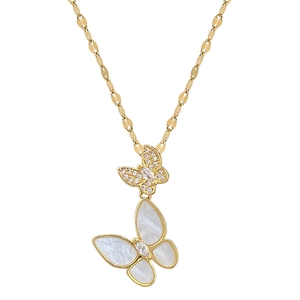 Titanium steel necklace with double gold butterfly pendants and mother-of-pearl inlays