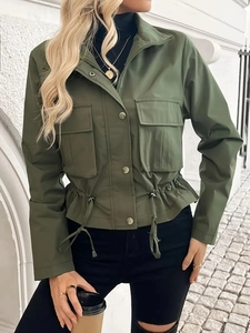 Army green utility cropped jacket for women featuring drawstring waist and flap pockets