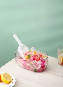 Detailed view of an oval ice box with a white scoop and colorful fruit ice cubes