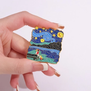 Artistic Van Gogh Starry Night enamel pin with intricate blue sky and golden metal edges