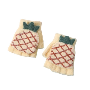 Kids warm knitted fingerless gloves with cute pineapple pattern in beige color