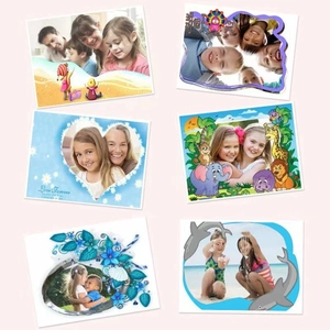 Detailed view of six different cartoon digital camera frame filters and creative designs