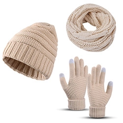 Three-piece winter knit set featuring beige hat, scarf and touch screen gloves for warmth