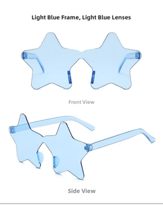 Front and side views of light blue star-shaped rimless sunglasses with silver hinges