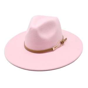 Pink wide brim wool fedora hat for women with brown leather band and gold buckle