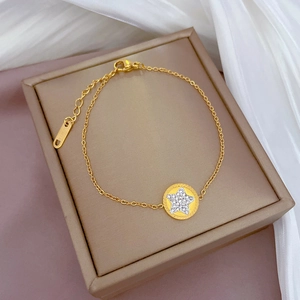 Titanium steel gold necklace with a sparkling crystal pentagram pendant in a gift box