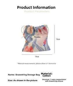 Detailed size chart showing 14x16cm floral cotton drawstring storage bag dimensions