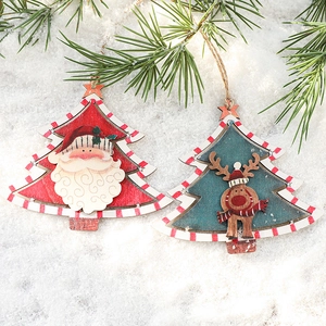 Nordic vintage painted wooden Santa and reindeer Christmas ornaments on snow background