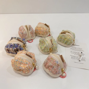 Cute tweed plaid protective cases for wireless earphones with pearl zippers in various colors