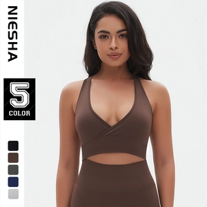 Soutien-Gorge de Sport Sans Couture pour Femmes Col en V Croisé Découpe à la Taille Fitness Yoga Top Nylon Élasthanne Respirant Galbant