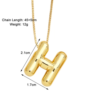 Detailed view of gold letter H pendant with 45+5cm chain and product dimensions