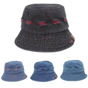Distressed Washed Denim Bucket Hat Colorful Ripped Hole Contrast Stitching Streetwear Retro Outdoor Sun Shade Unisex
