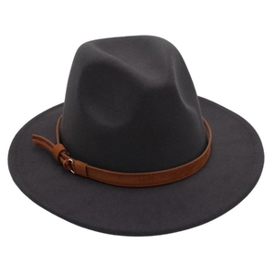 Close-up of charcoal felt fedora hat featuring a brown leather belt buckle band decoration