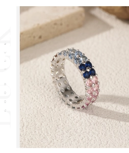 Detailed macro of S925 sterling silver ring with colorful triple row pavé rhinestones