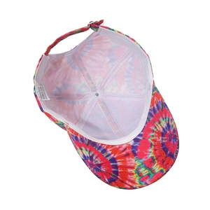 Interior view of colorful tie-dye baseball cap showing polyester lining and sweatband