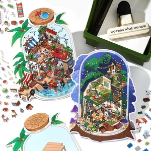 2.5D miniature scene decorative stickers with colorful island and forest house patterns