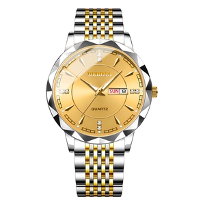 Men's two-tone stainless steel waterproof quartz watch with day-date display and gold dial