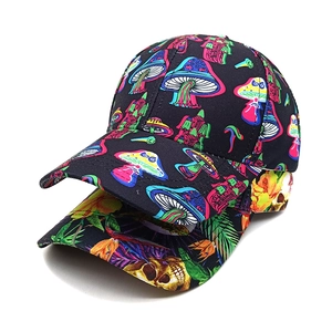 Unisex baseball caps with vibrant mushroom and skull floral prints on cotton canvas fabric