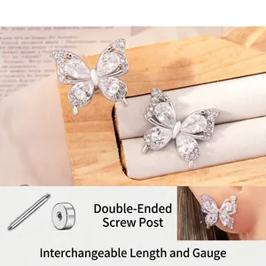 Butterfly Stud Earrings Titanium Steel Zircon Inlay Double Head Screw Back Piercing Jewelry Women Sweet Style