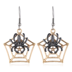 Halloween spider and web drop earrings in gold and black finish with silver hooks