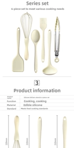 Detailed view of 6-piece cream silicone utensil set with ergonomic handles and dimensions