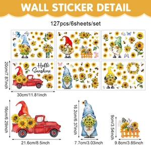 Summer sunflower gnome wall decals set with bees and red truck for farmhouse decor