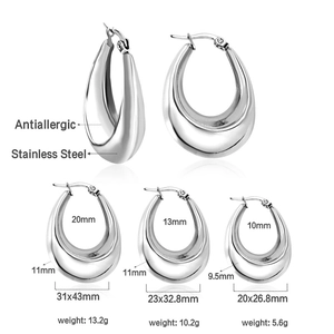 Detailed size chart for stainless steel oval hoop earrings in small medium and large sizes