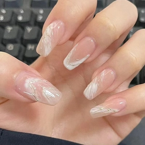 Marble Texture Press On Nails Nude Pink Coffin Shape Silver Line Detail Glossy Elegant Manicure For Women Sweet Style