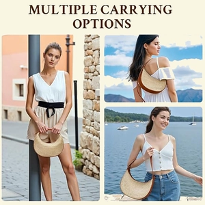 Detailed view of crescent straw bag with brown leather trim and multiple carrying options