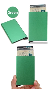 Green metal RFID blocking card holder featuring an automatic pop-up button mechanism