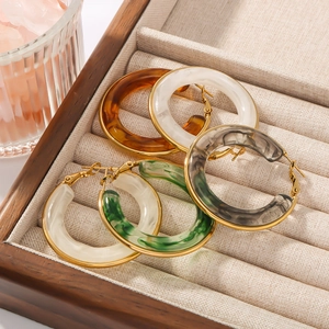 Hoop Earrings 18K Gold Plated Stainless Steel Marbled Resin Hollow Circle Hypoallergenic Retro For Women