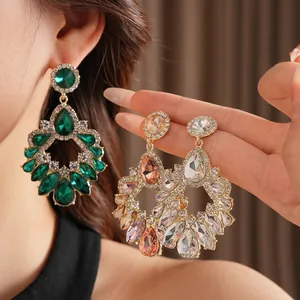 Exaggerated geometric hollow water-drop tassel earrings with luxury crystals for women