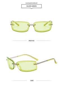 Detail view of square candy-colored Y2K sunglasses with silver metal frame and green lenses