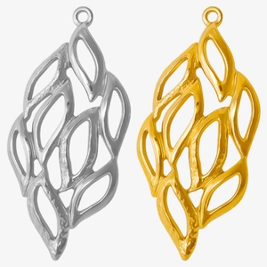Detailed macro of hollow leaf pendants in silver and gold stainless steel finishes