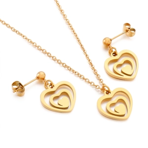 Gold hollow nested heart necklace and stud earrings set with high-polish finish