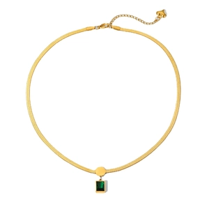 18K gold plated stainless steel snake chain necklace with a square emerald zircon pendant
