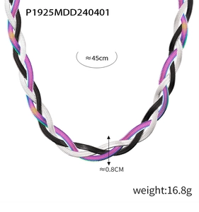 Detailed view of 45cm tri-color braided snake chain necklace in silver, black and rainbow