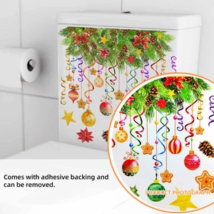 Christmas toilet sticker with colorful balloons, stars, and greenery for holiday decor