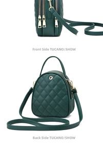 Vue latérale et arrière détaillée du sac à bandoulière matelassé vert foncé avec zips dorés