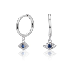 Detailed macro view of S925 sterling silver hoop earrings with blue evil eye charms