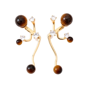 Retro tiger eye stone pendant earrings with cubic zirconia and gold finish for women